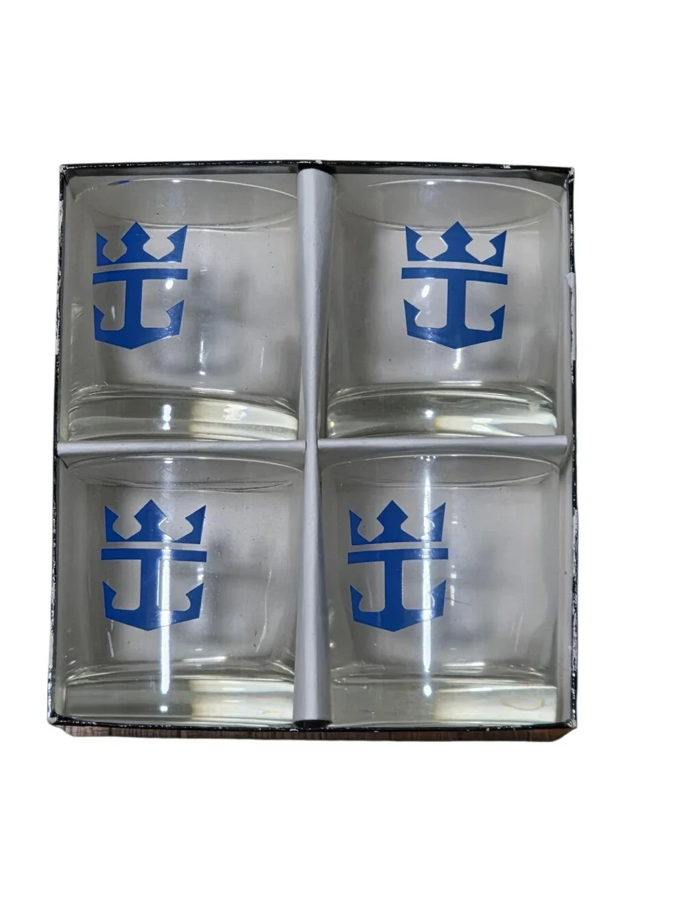 Vintage Royal Caribbean Cruise Line Blue Anchor Logo Rocks Glasses Set Of 4 EUC